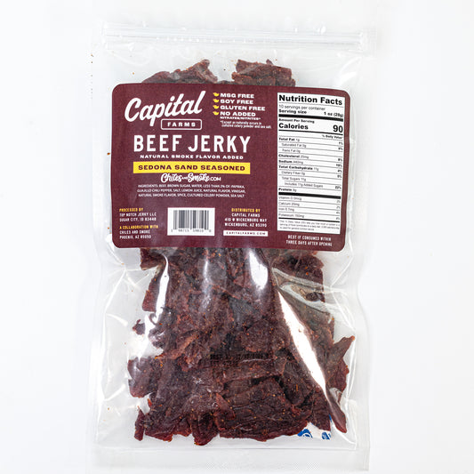 Sedona Sand Beef Jerky Southwest Garlic & Chile in a 10.5 oz bag, back view, with nutritional facts