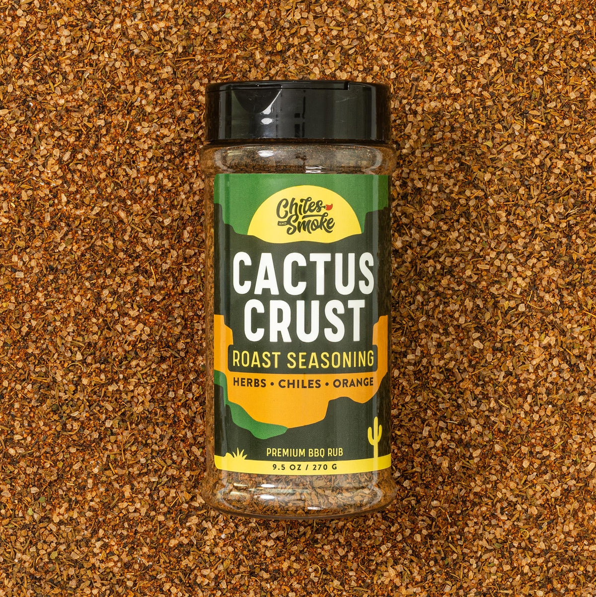 Chiles and Smoke Cactus Crust Roast Seasoning bottle and spices