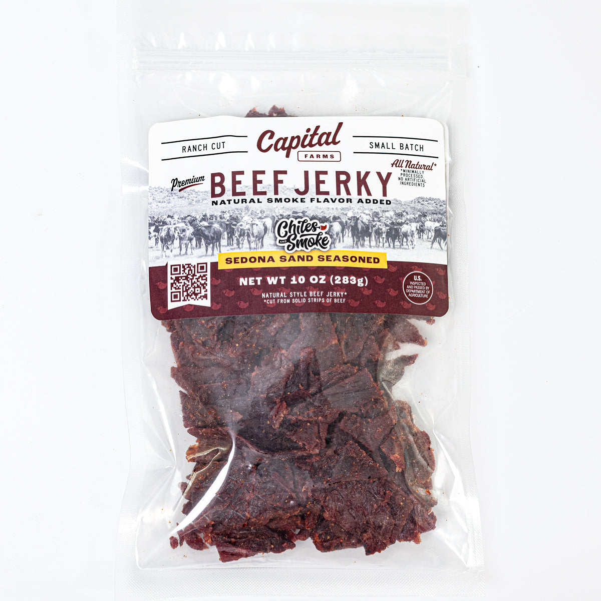 Sedona Sand Beef Jerky Southwest Garlic & Chile in a 10.5 oz bag, front view, showing bold label and seasoning