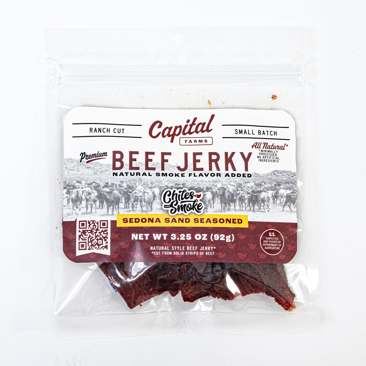 Sedona Sand Beef Jerky Southwest Garlic & Chile in a 3.25 oz bag, front view, showing bold label and seasoning