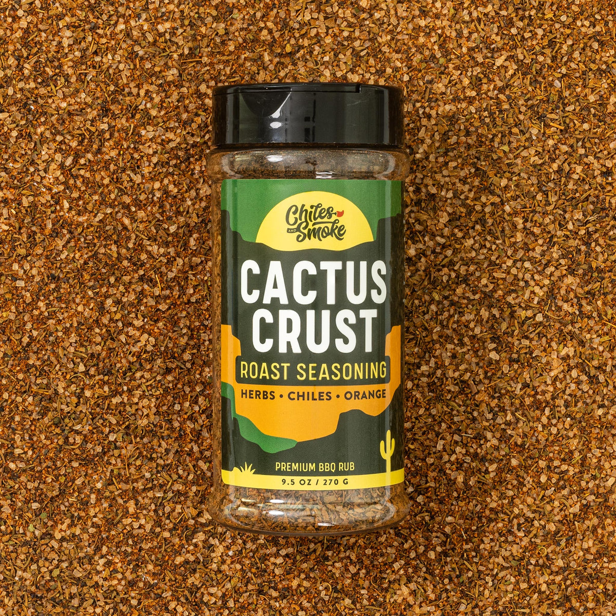 Chiles and Smoke Cactus Crust Roast Seasoning bottle and spices