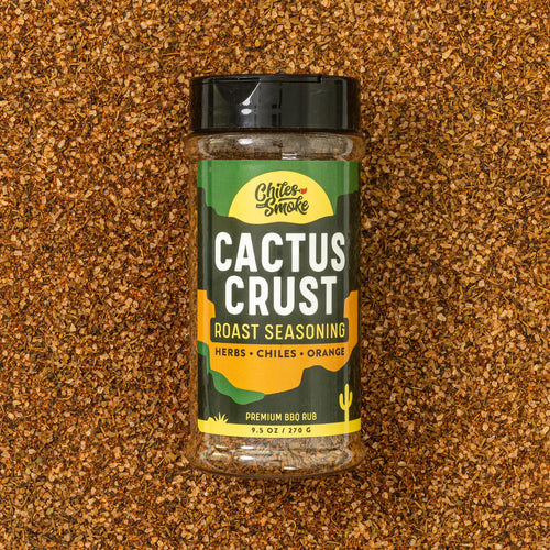 Chiles and Smoke Cactus Crust Roast Seasoning bottle and spices