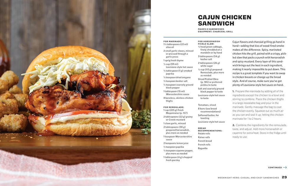 Cajun chicken sandwich with coleslaw on a wooden board next to text about the sandwich.
