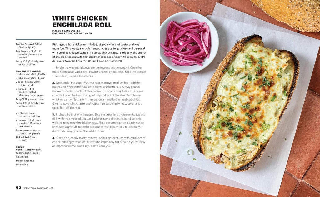 White chicken enchilada roll on a plate with pickled red onions, text on the left side.