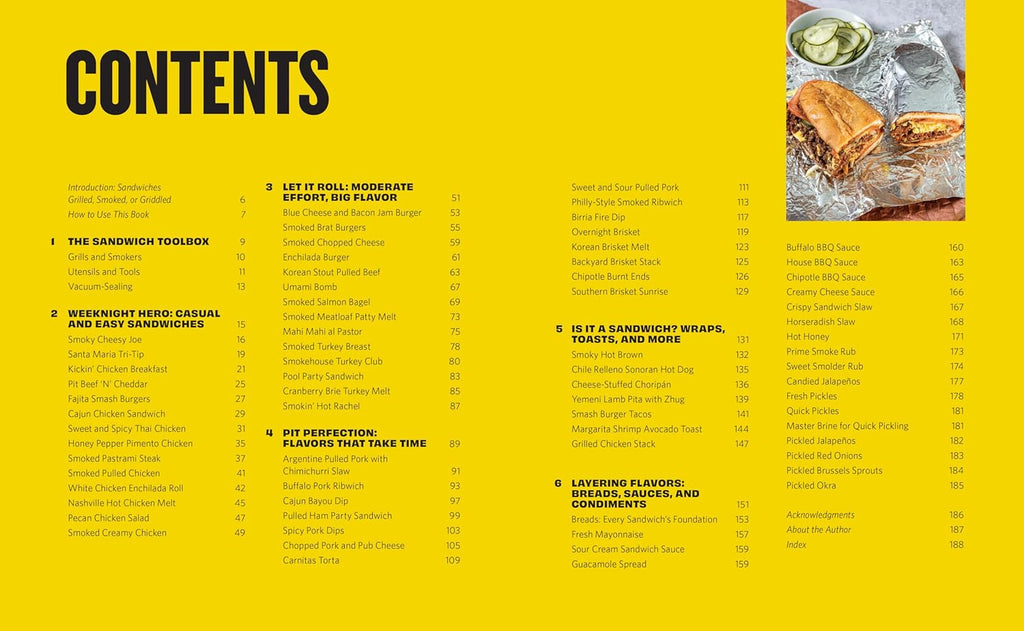 Table of Contents with sandwich options on a yellow background