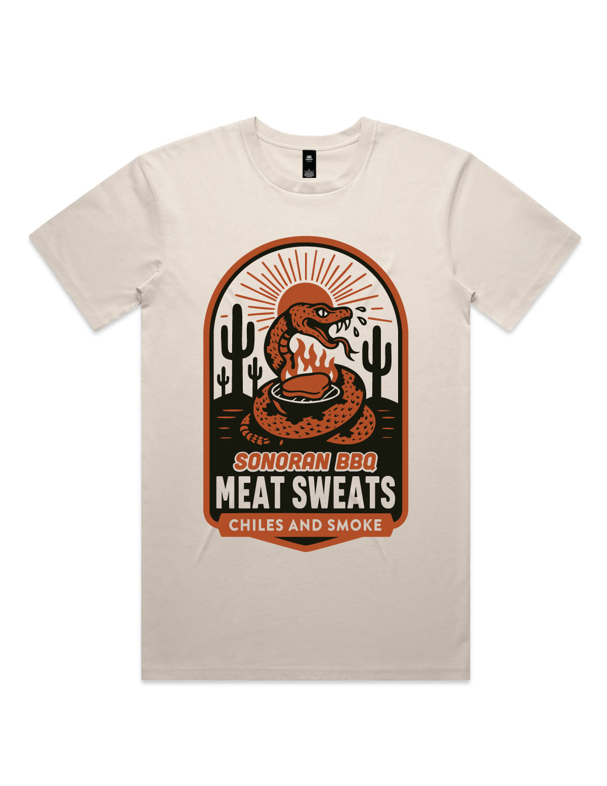 Beige t-shirt with Sonoran BBQ graphic design on a white background