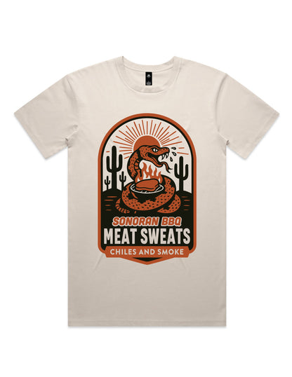 Beige t-shirt with Sonoran BBQ graphic design on a white background