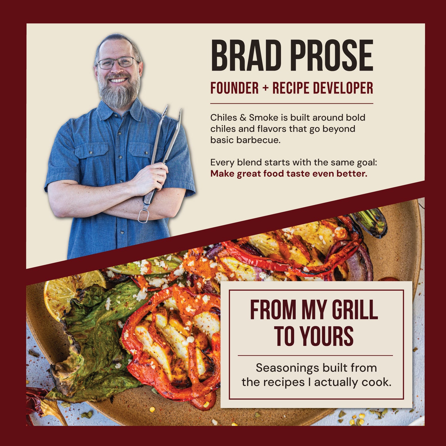 Brad Prose, founder of Chiles and Smoke, holding grill tongs beside grilled chiles and vegetables