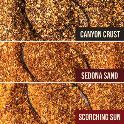 Texture comparison of Canyon Crust, Sedona Sand, and Scorching Sun BBQ rubs