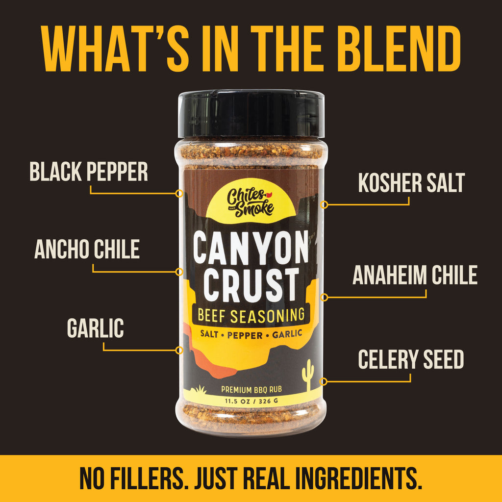 Chiles and Smoke Canyon Crust Beef Seasoning with salt, pepper, ancho chile, and garlic labeled