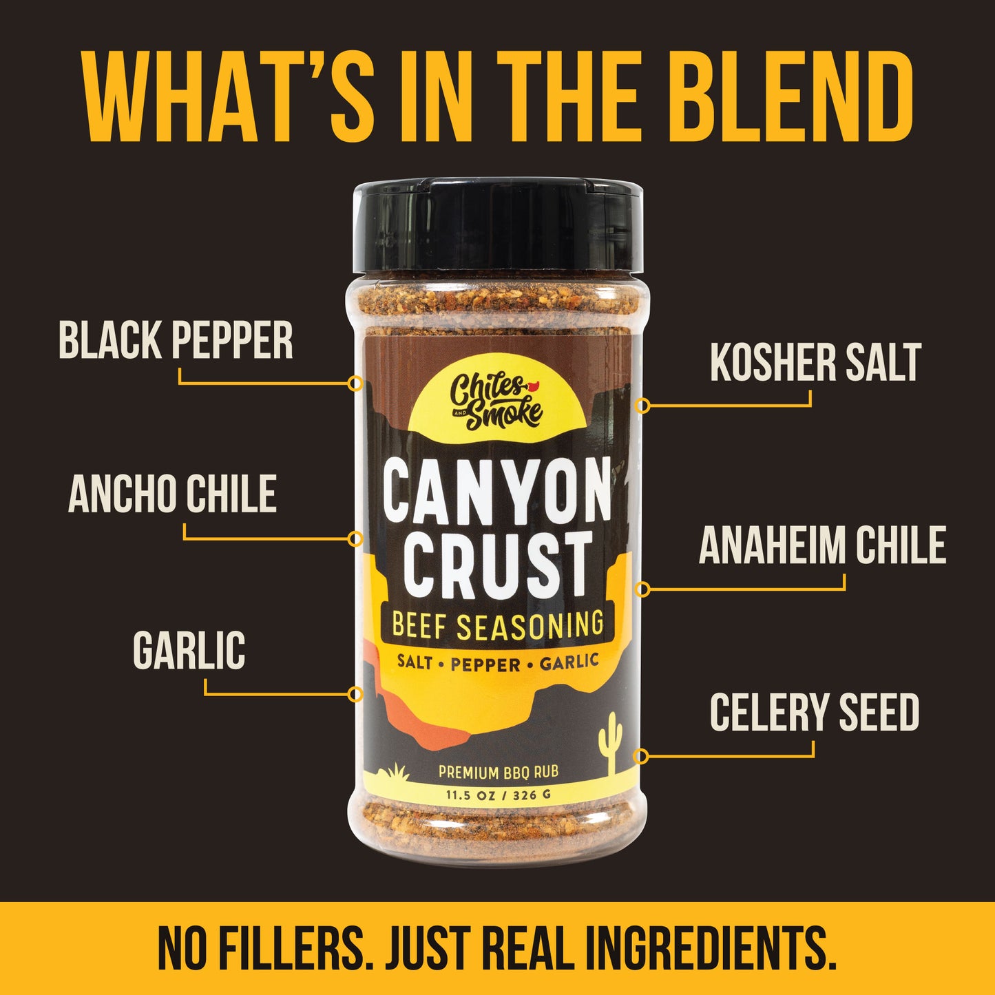 Chiles and Smoke Canyon Crust Beef Seasoning with salt, pepper, ancho chile, and garlic labeled