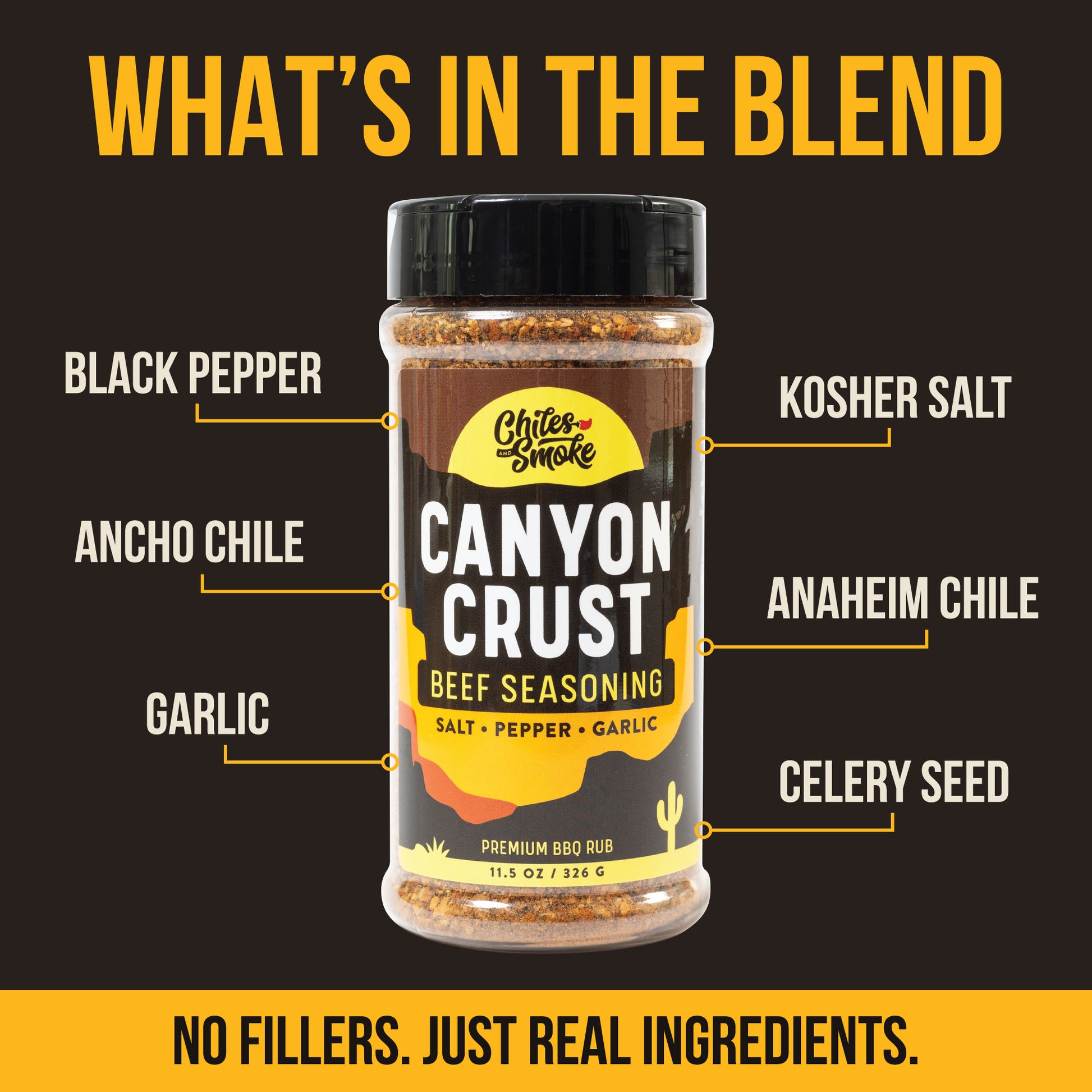 Chiles and Smoke Canyon Crust Beef Seasoning with salt, pepper, ancho chile, and garlic labeled