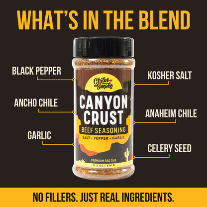 Chiles and Smoke Canyon Crust Beef Seasoning with salt, pepper, ancho chile, and garlic labeled