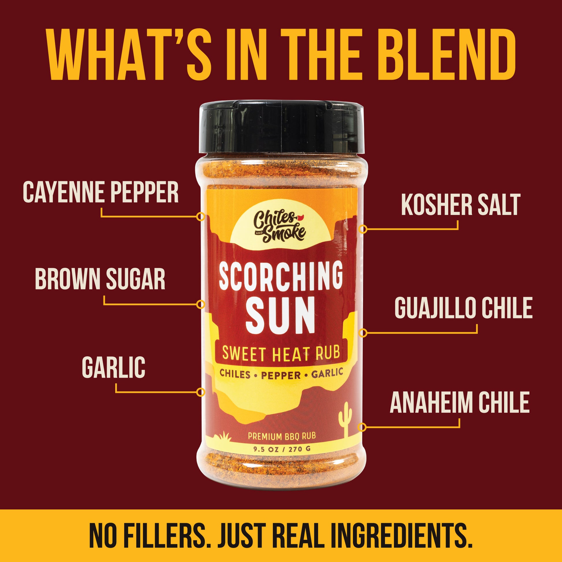 Chiles and Smoke Scorching Sun Sweet Heat Rub with cayenne, brown sugar, and guajillo labeled