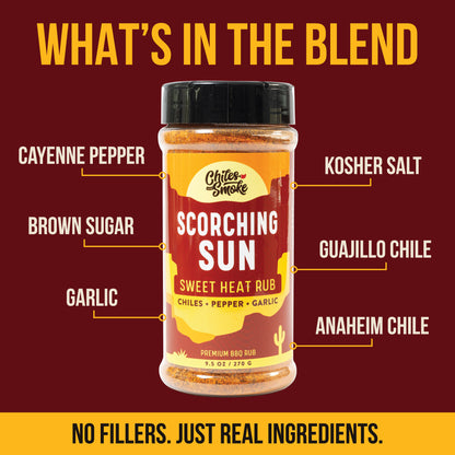 Chiles and Smoke Scorching Sun Sweet Heat Rub with cayenne, brown sugar, and guajillo labeled