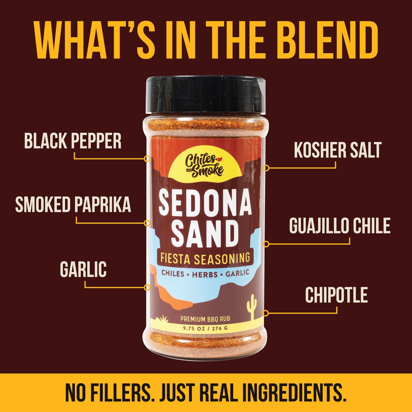 Chiles and Smoke Sedona Sand Fiesta Seasoning with smoked paprika, guajillo, and chipotle labeled