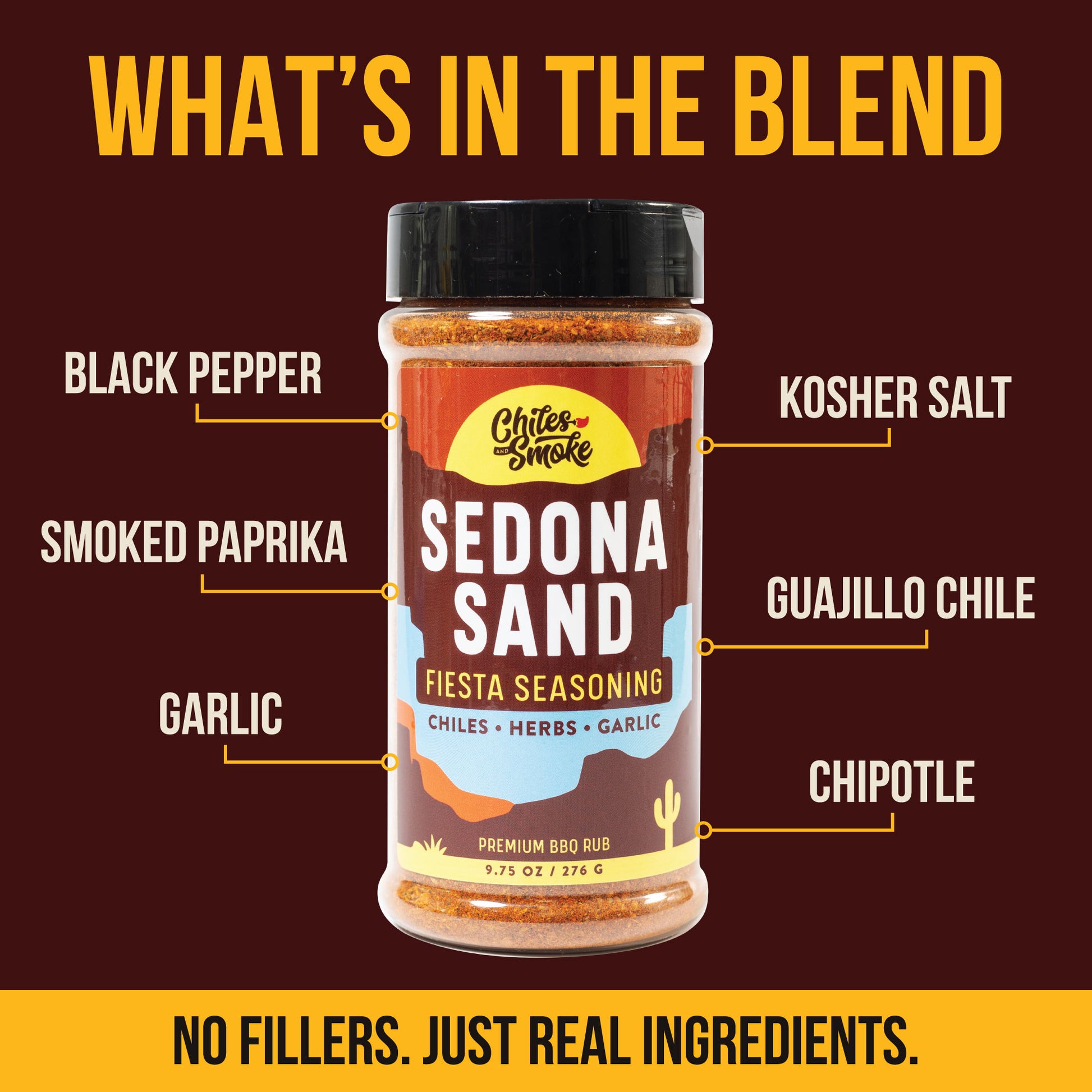 Chiles and Smoke Sedona Sand Fiesta Seasoning with smoked paprika, guajillo, and chipotle labeled