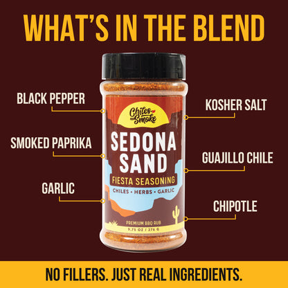 Chiles and Smoke Sedona Sand Fiesta Seasoning with smoked paprika, guajillo, and chipotle labeled