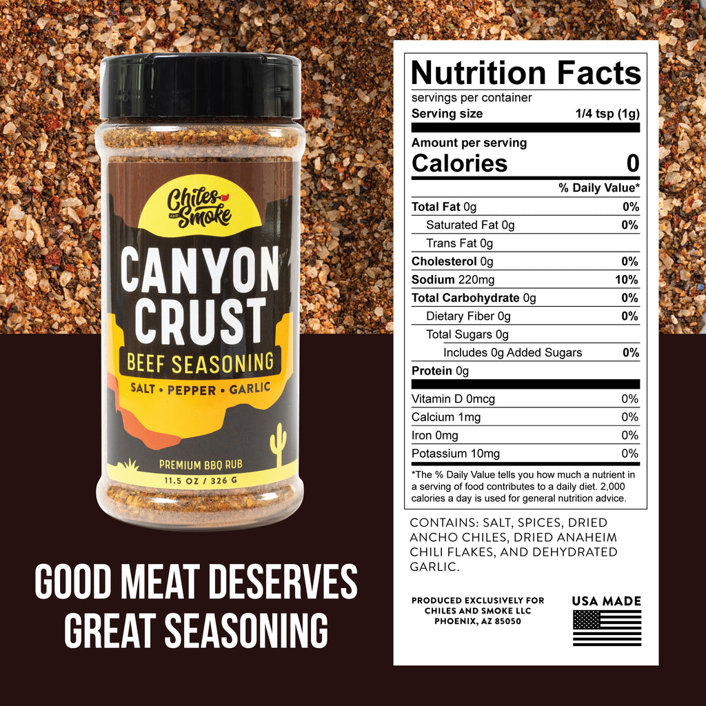 Nutrition facts and ingredients for Chiles and Smoke Canyon Crust Beef Seasoning, 11.5 oz