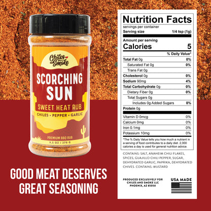 Nutrition facts and ingredients for Chiles and Smoke Scorching Sun Sweet Heat Rub, 9.5 oz
