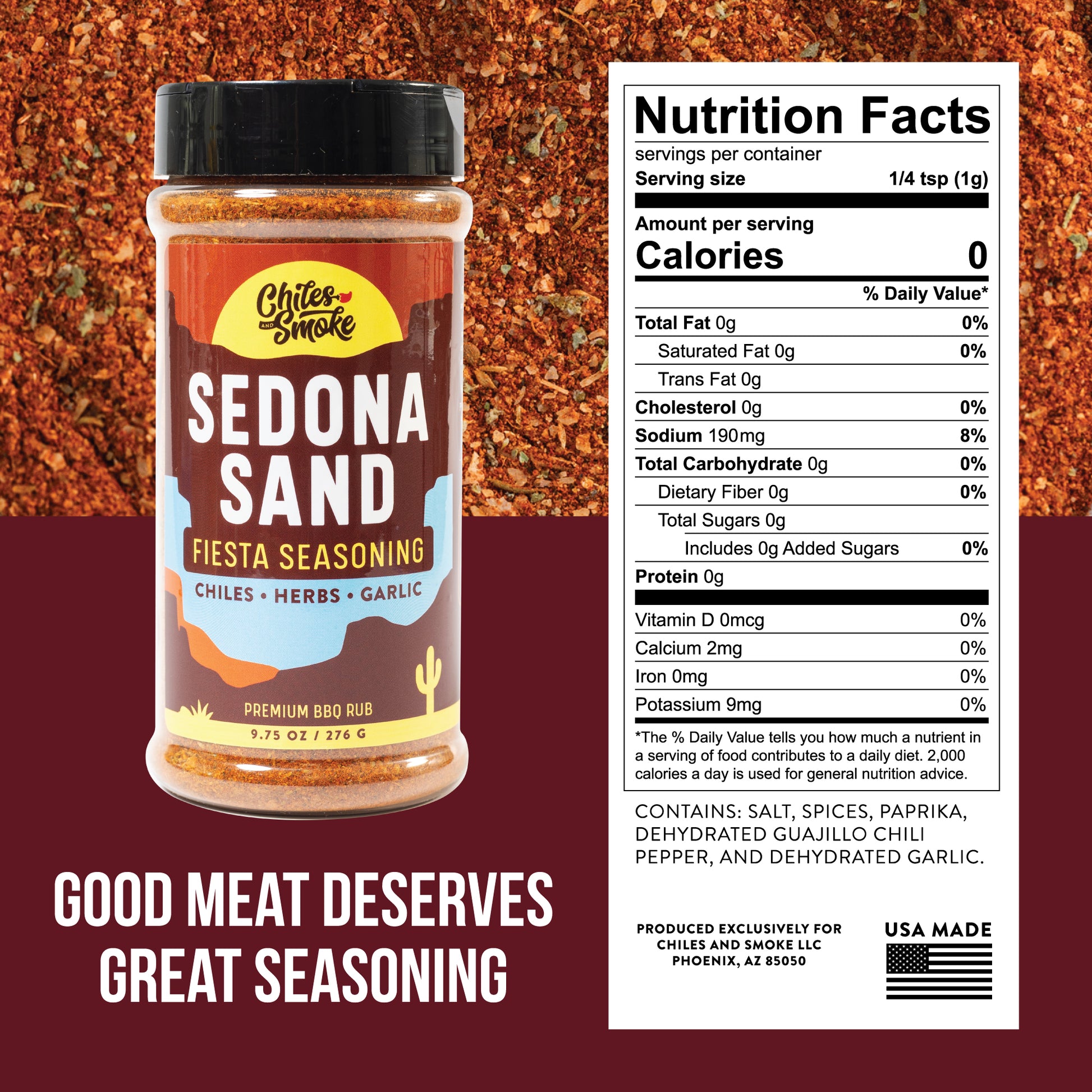 Nutrition facts and ingredients for Chiles and Smoke Sedona Sand Fiesta Seasoning, 9.75 oz