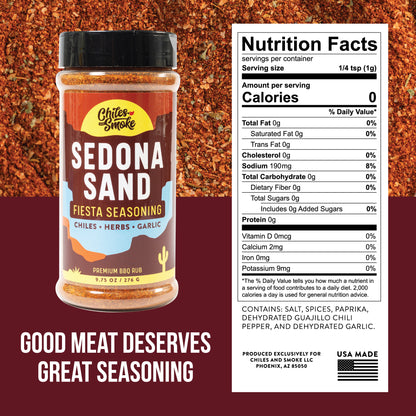 Nutrition facts and ingredients for Chiles and Smoke Sedona Sand Fiesta Seasoning, 9.75 oz