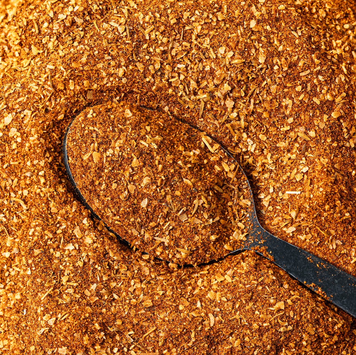 Macro close-up of Chiles and Smoke Sedona Sand Fiesta Seasoning on a black spoon, with chiles and dried herbs