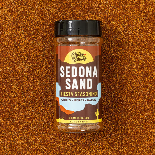 Chiles and Smoke Sedona Sand Fiesta Seasoning bottle and spices