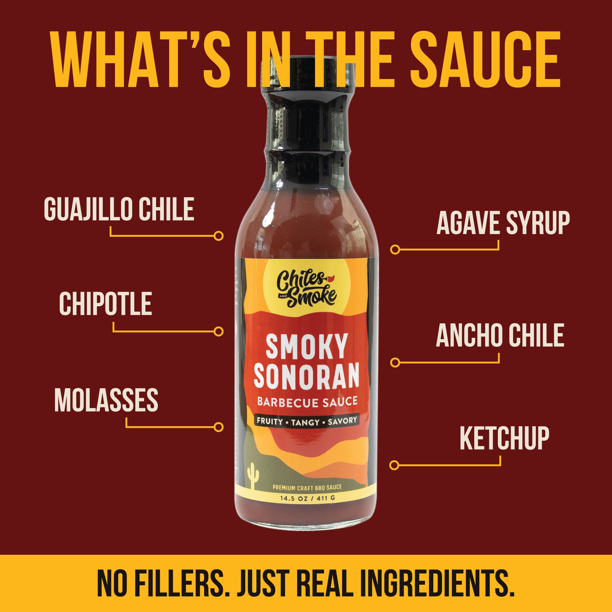 Smoky Sonoran Barbecue Sauce with guajillo, chipotle, ancho chile, molasses, and agave labeled