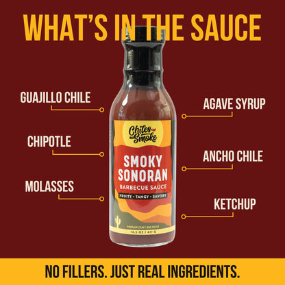 Smoky Sonoran Barbecue Sauce with guajillo, chipotle, ancho chile, molasses, and agave labeled