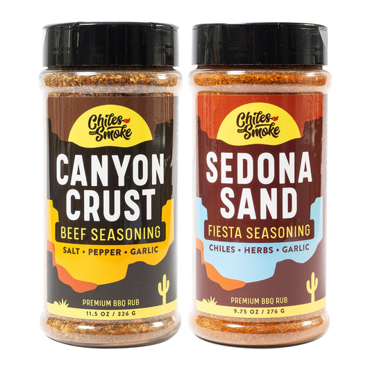 Chiles and Smoke two-rub set with Canyon Crust and Sedona Sand seasoning bottles