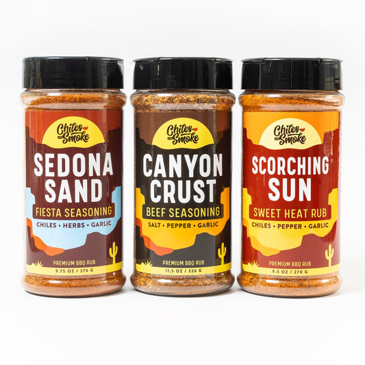 Chiles and Smoke three-rub set with Canyon Crust, Sedona Sand, and Scorching Sun bottles